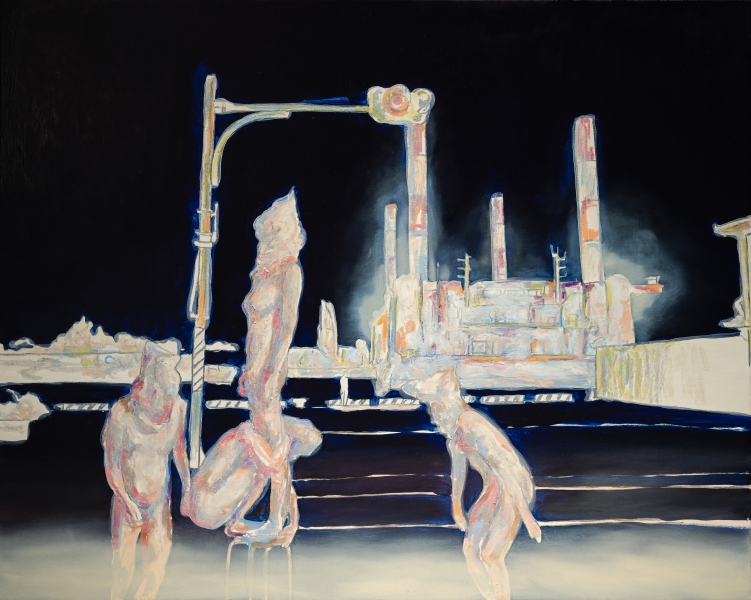 「熠翳踽踽—吳柏賢個展」作品：《打雷了 走失了襪子 讓我衝動地 看起來好愛》， 油彩、畫布，72.5×91 cm，2020